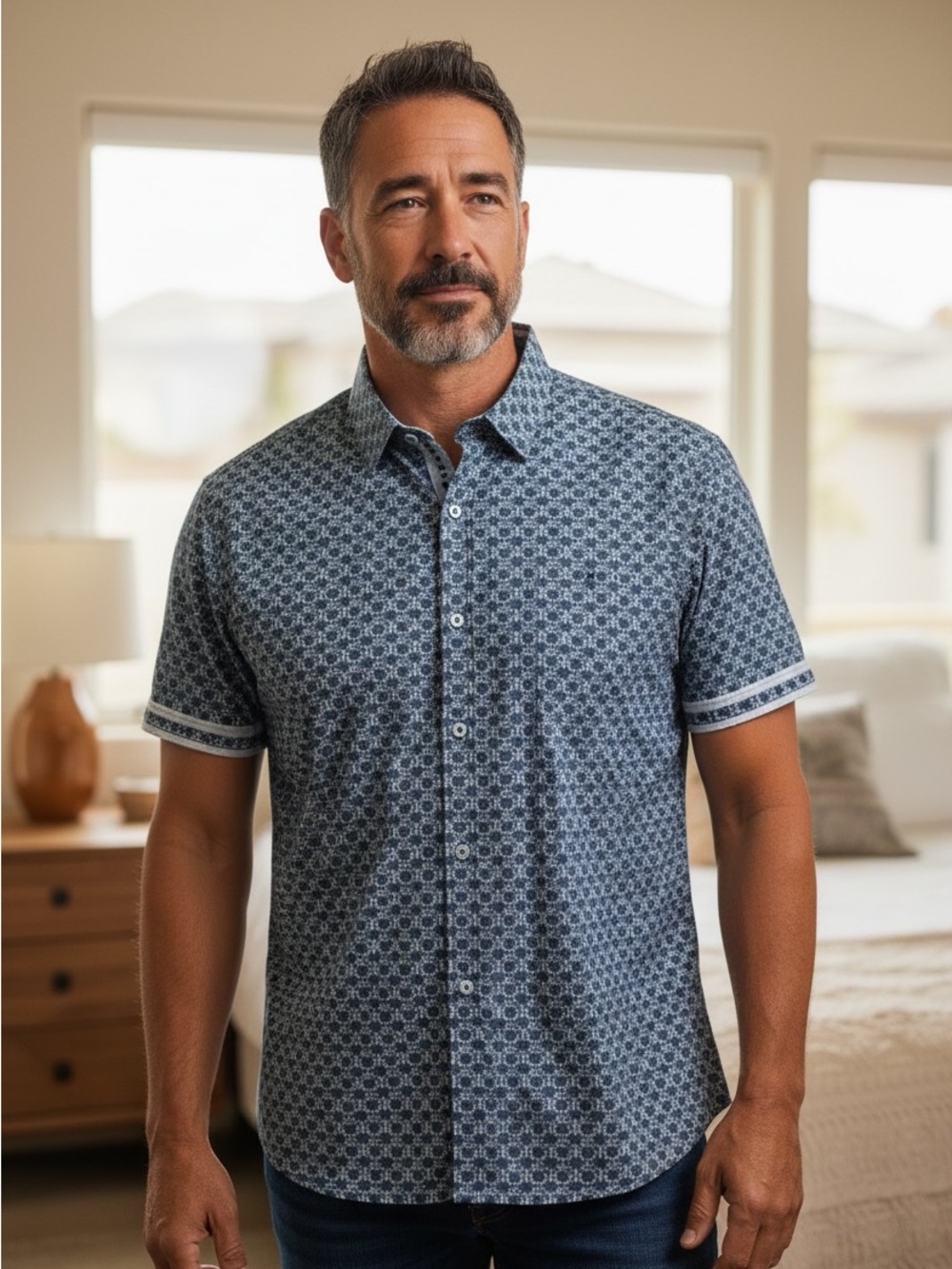 Men's Short-Sleeve Geo Print Button-Down Shirt - Blue